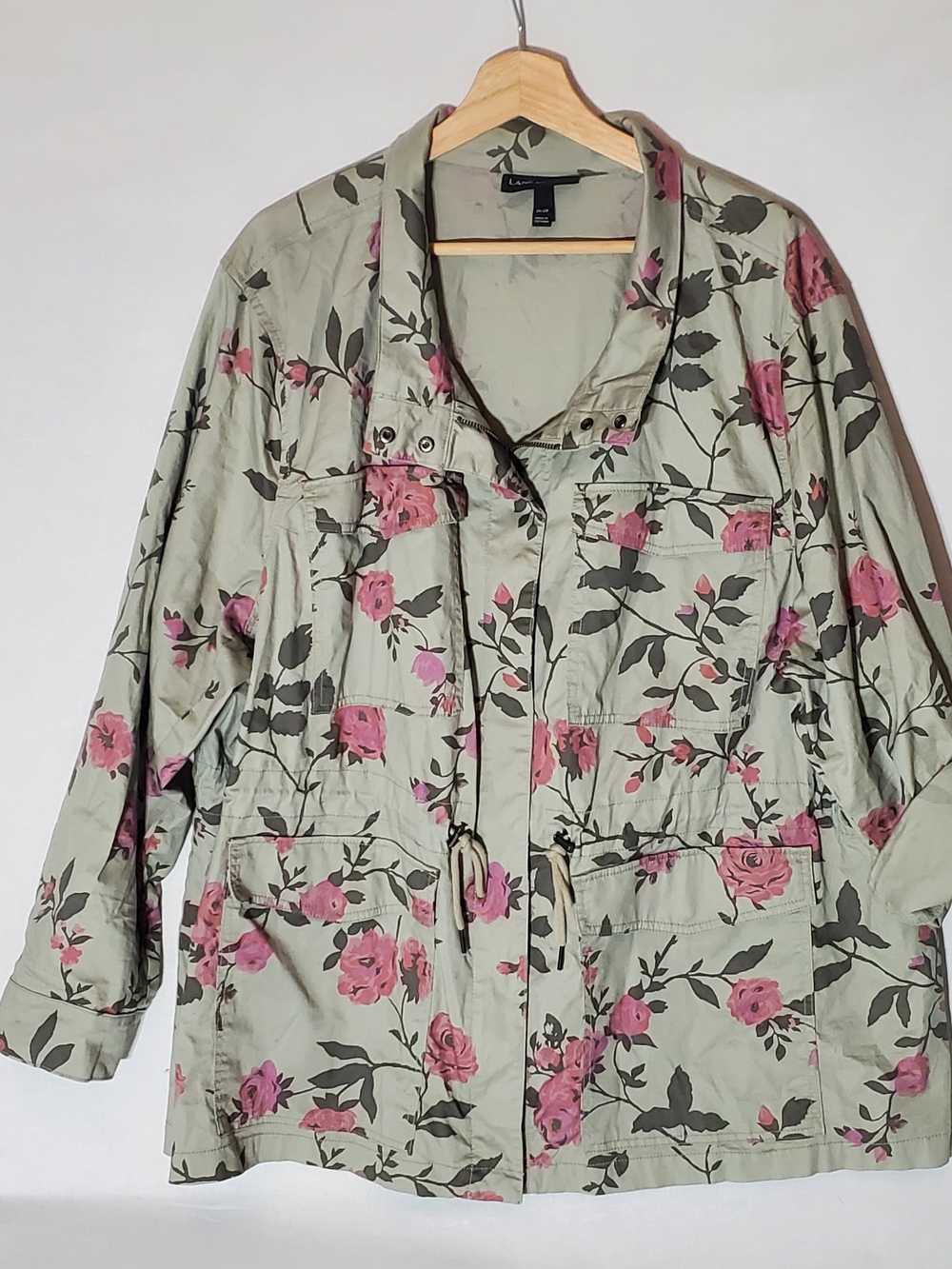 Lane Bryant Sage Floral Light Utility Jacket Pink Roses Adjustable Boho Cottage
